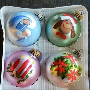 Vintage Christmas by Krebs Designer Hand Painted Glass Bulb Ornaments - Set of S